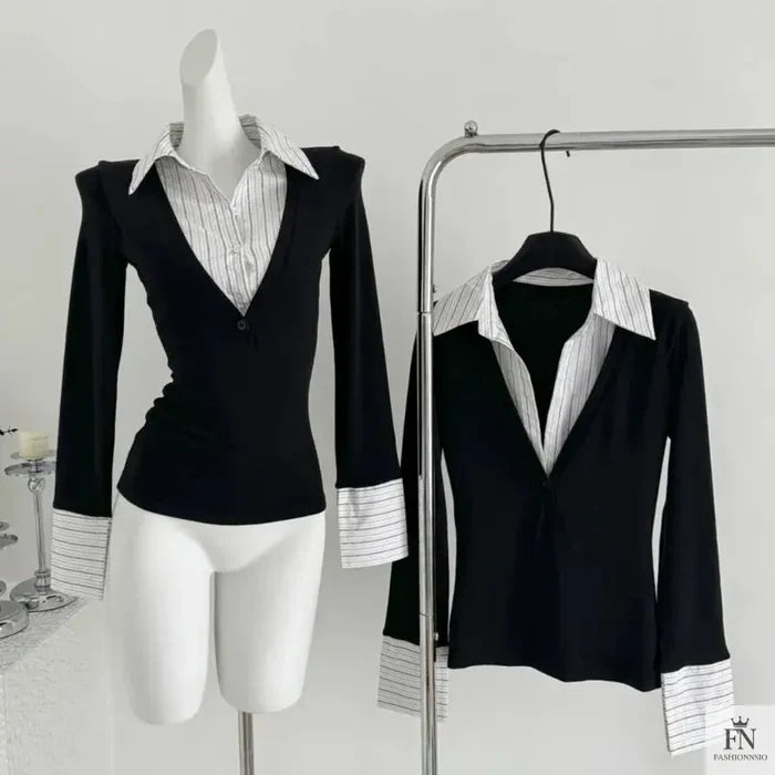 False Two Piece Lapel Women Shirt - Fashionnsio