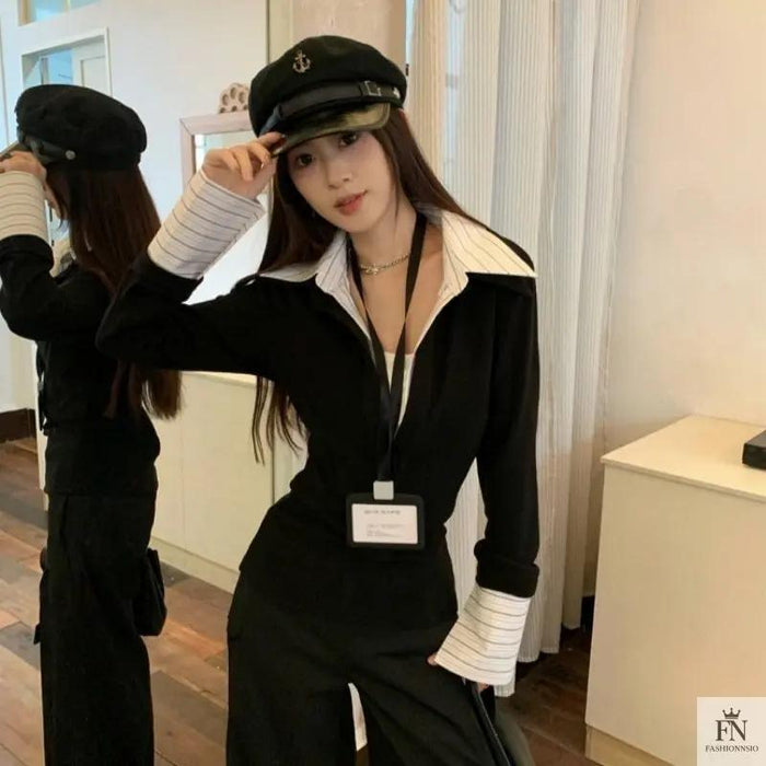 False Two Piece Lapel Women Shirt - Fashionnsio