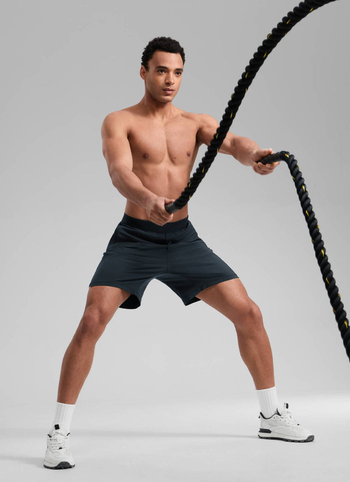 CRZ YOGA Man's Feathery-Fit Soft Training Mid Rise Linerless Shorts 7" True Navy