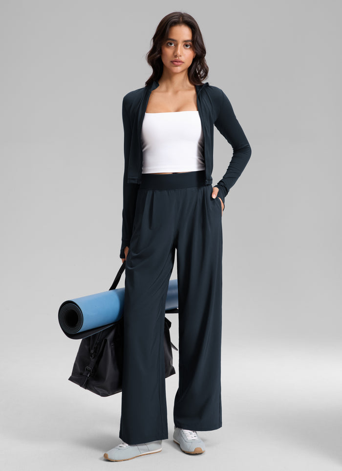 CRZ YOGA Women's Lightweight Flowy Lounge Wide Leg Pocket Pants 30" True Navy