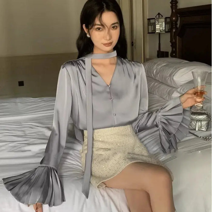 Flare Sleeve Ribbon Scarf Blouse Top fashionnsio