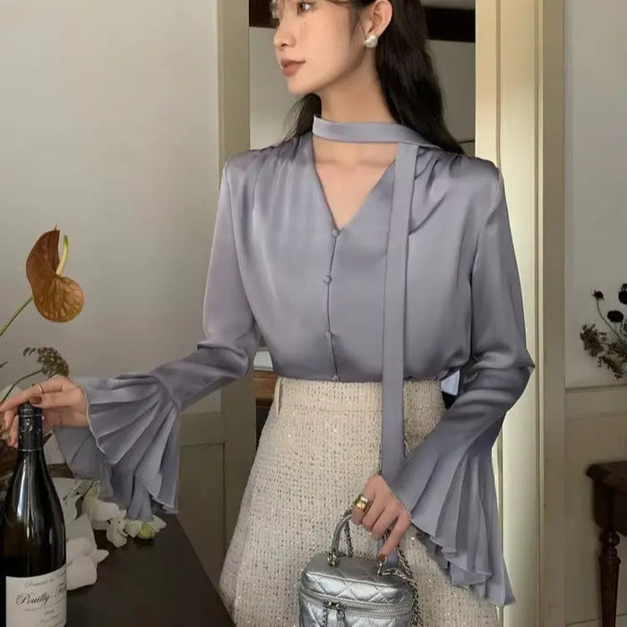 Flare Sleeve Ribbon Scarf Blouse Top fashionnsio