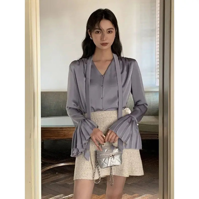 Flare Sleeve Ribbon Scarf Blouse Top fashionnsio