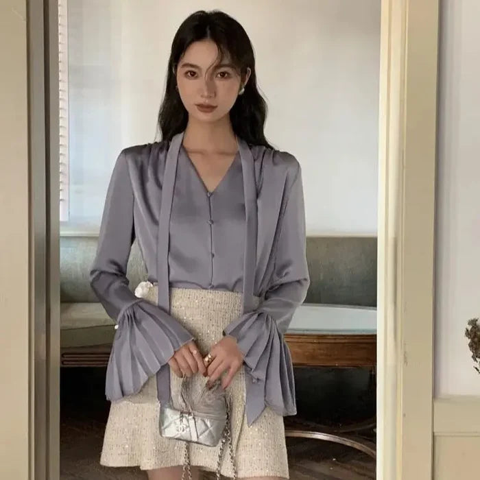Flare Sleeve Ribbon Scarf Blouse Top fashionnsio