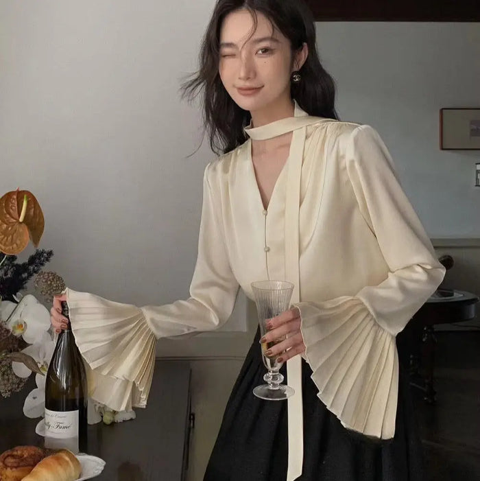 Flare Sleeve Ribbon Scarf Blouse Top fashionnsio