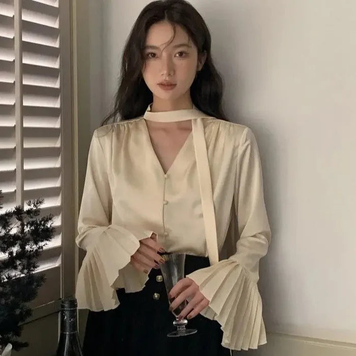 Flare Sleeve Ribbon Scarf Blouse Top fashionnsio