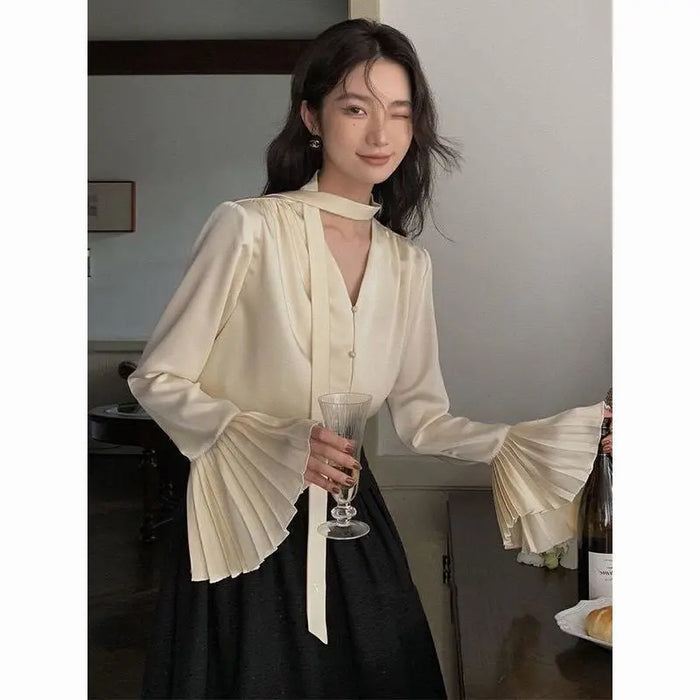 Flare Sleeve Ribbon Scarf Blouse Top fashionnsio