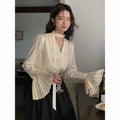 Flare Sleeve Ribbon Scarf Blouse Top fashionnsio