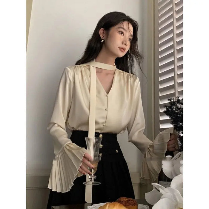 Flare Sleeve Ribbon Scarf Blouse Top fashionnsio