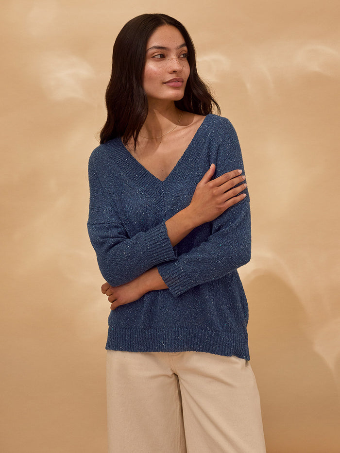 Flecked Cotton Silk Blend V Neck Jumper