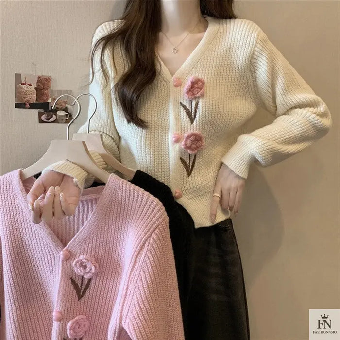 Floral Embellish Knitted Cardigan Top - Fashionnsio