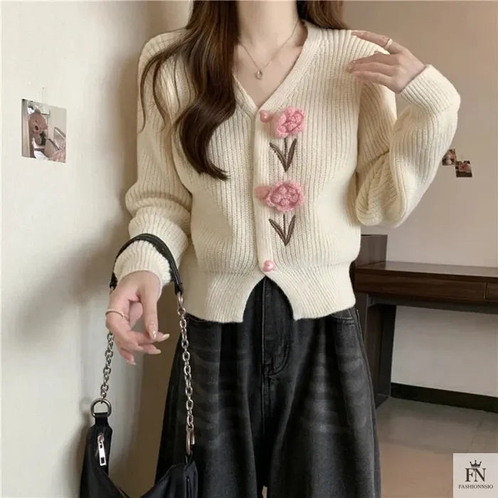 Floral Embellish Knitted Cardigan Top - Fashionnsio