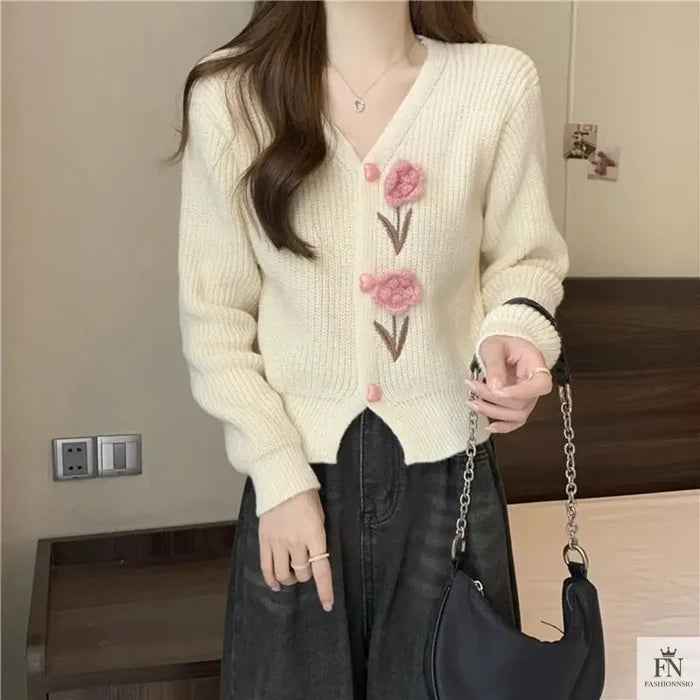 Floral Embellish Knitted Cardigan Top - Fashionnsio
