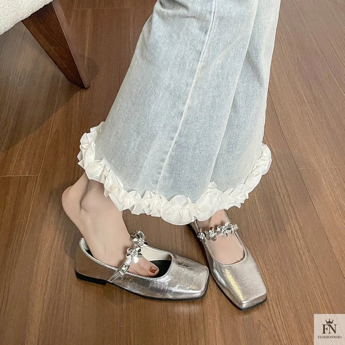 Floral Embellish Mary Jane Flats - Fashionnsio
