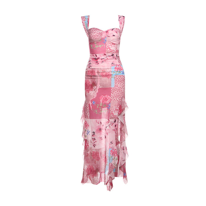Floral Print Long Ruffle Dress - Fashionnsio