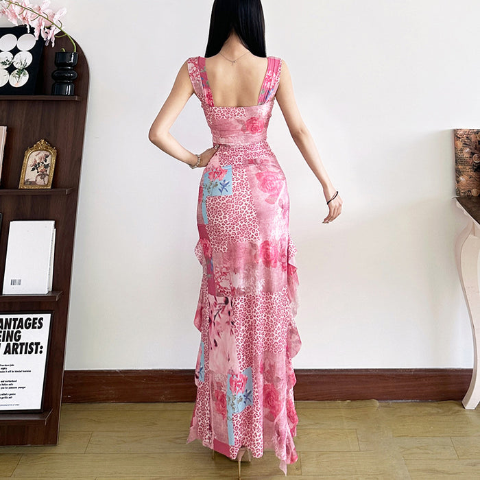Floral Print Long Ruffle Dress - Fashionnsio