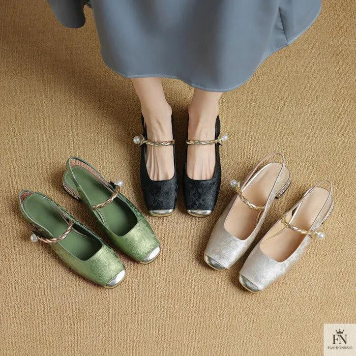 Floral Print Pearl Diamond Flats - Fashionnsio