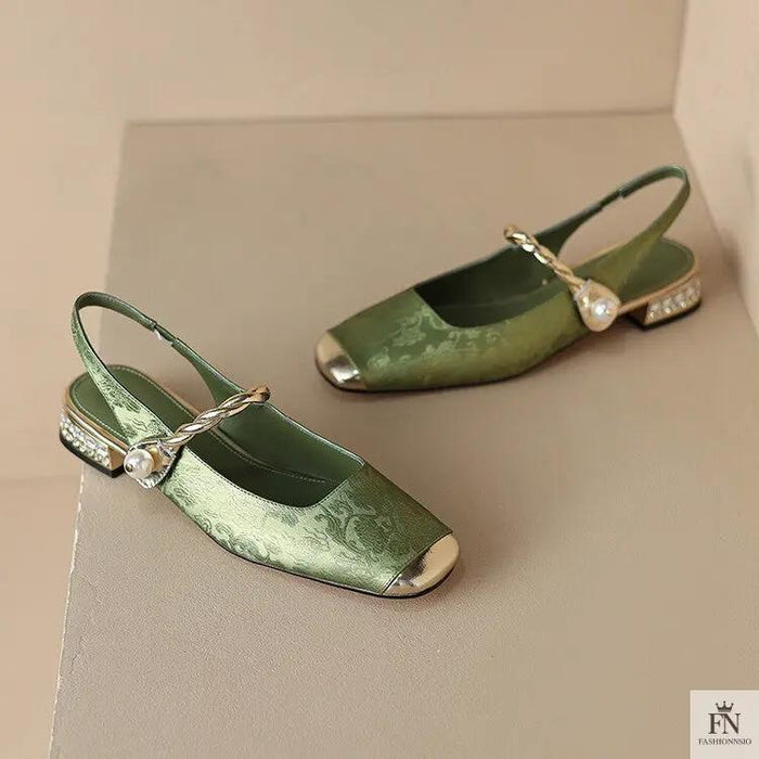 Floral Print Pearl Diamond Flats - Fashionnsio
