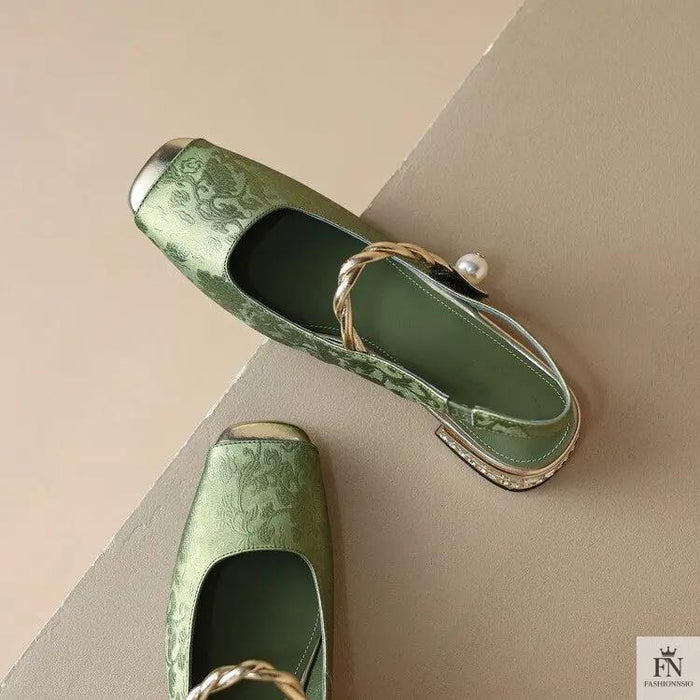 Floral Print Pearl Diamond Flats - Fashionnsio