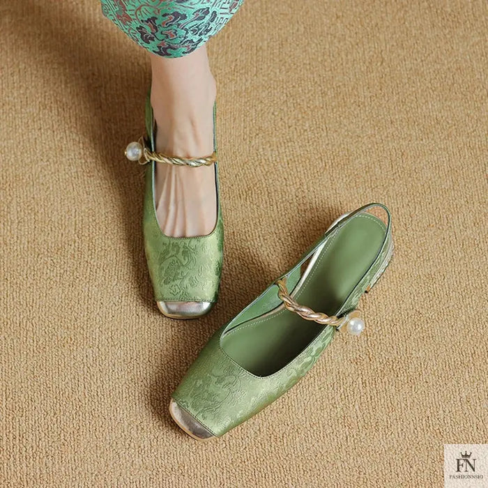 Floral Print Pearl Diamond Flats - Fashionnsio