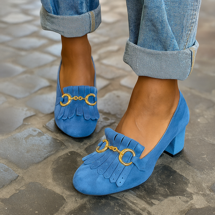 FLUORESCENT LOAFER WITH HEELS AND METAL DETAIL