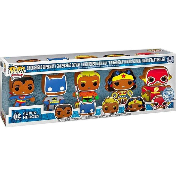 Funko Pop! 5-Pack: Heroes: DC Holiday Spécial Edition avec Superman, Batman, Aquaman, Wonder Woman et The Flash en version pain d'épices.