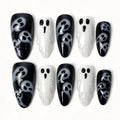 Ghostly Chic handmade almond press on nails, black white hand painted cute ghost cartoon Halloween false nails