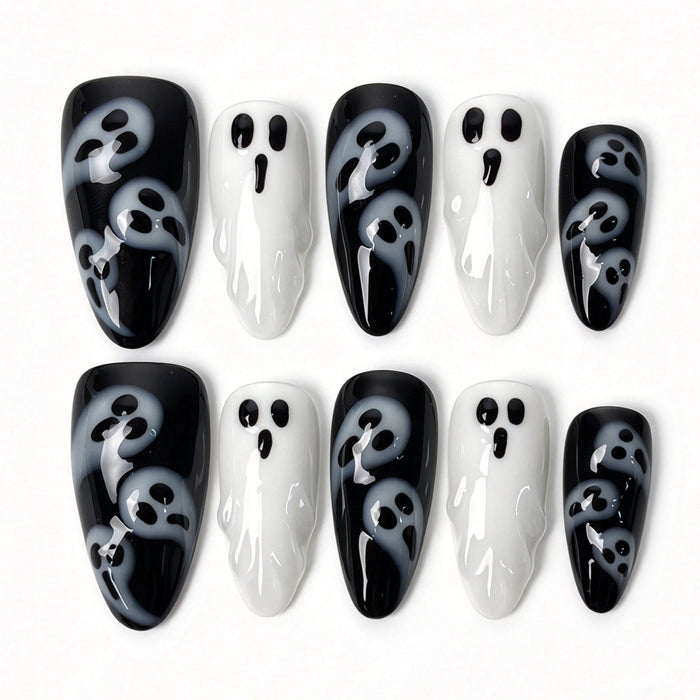 Ghostly Chic handmade almond press on nails, black white hand painted cute ghost cartoon Halloween false nails