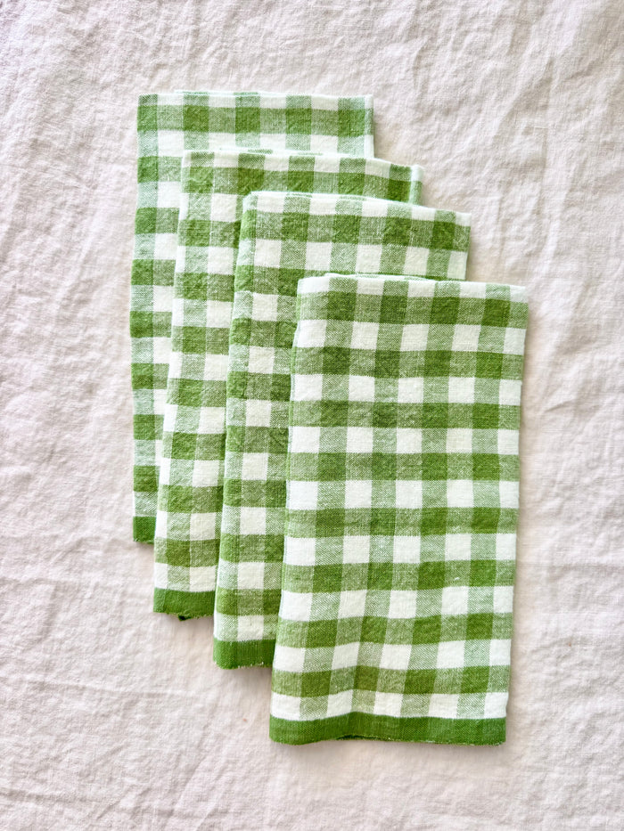 Gingham Belgian Linen Napkin-  Basil - Set of 4