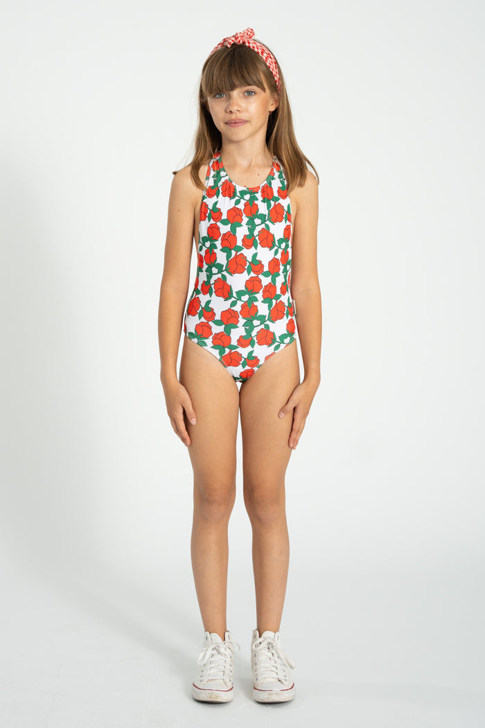 Girl Swimsuit with Back Bow in Rose Print