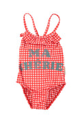 Girl Swimsuit with Ruffle in Check Print – Red