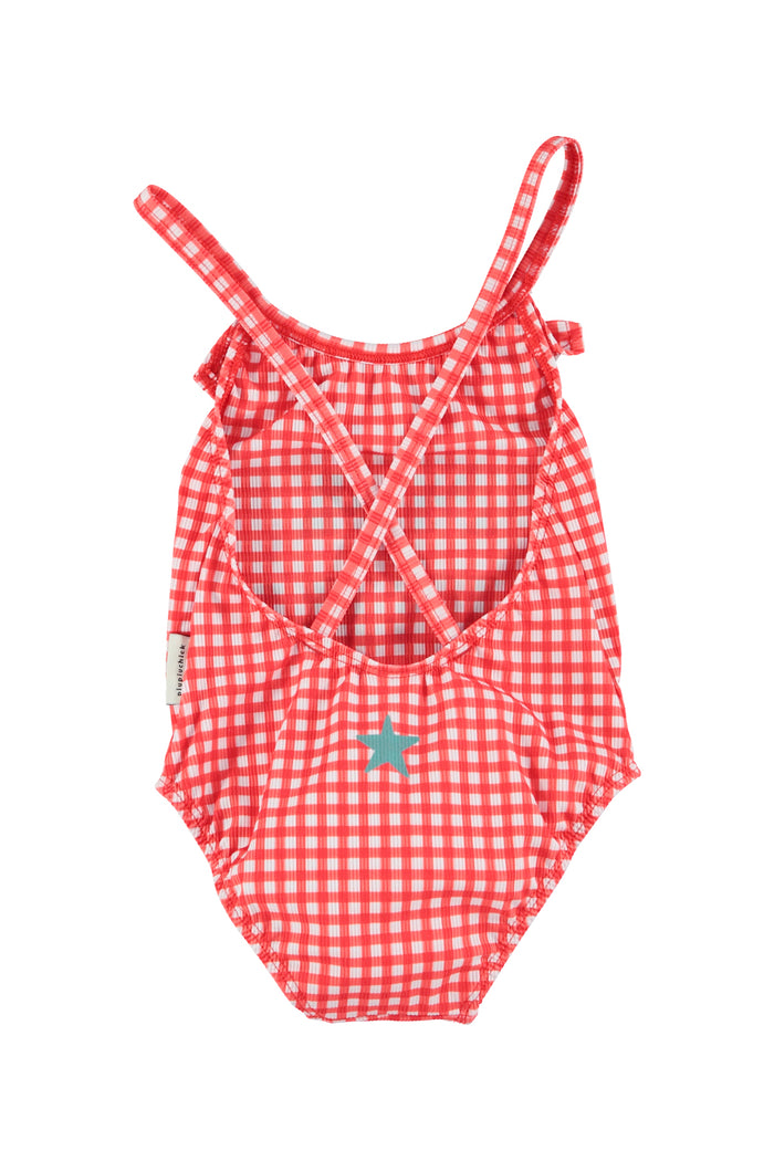 Girl Swimsuit with Ruffle in Check Print – Red