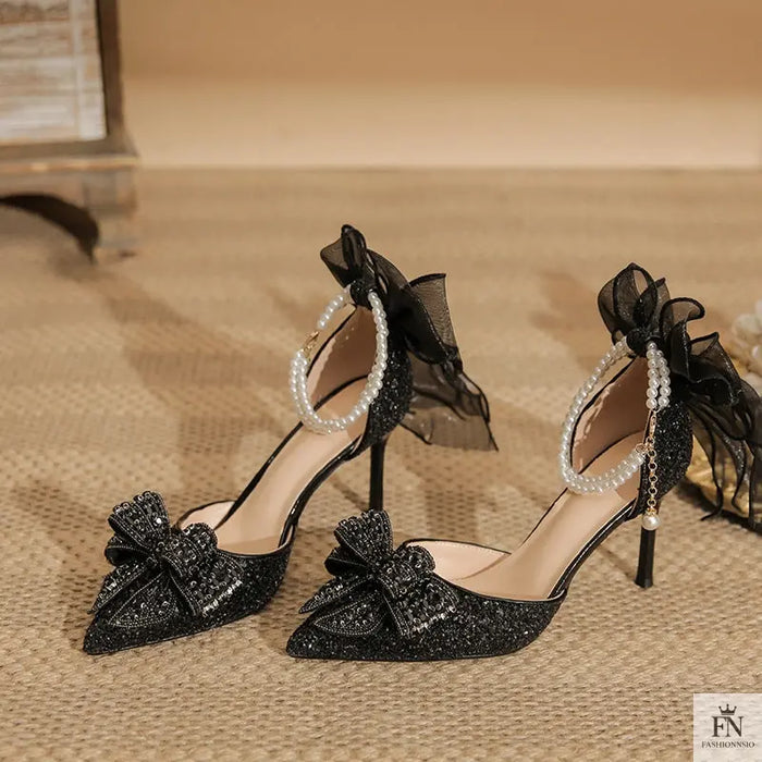 Glitter Pearl Strap Ribbon Bow Heels - Fashionnsio