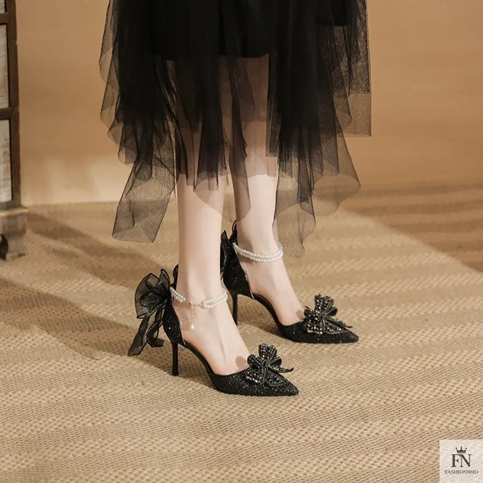 Glitter Pearl Strap Ribbon Bow Heels - Fashionnsio