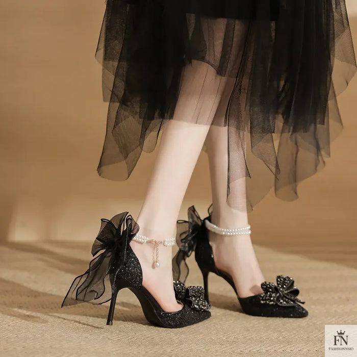 Glitter Pearl Strap Ribbon Bow Heels - Fashionnsio