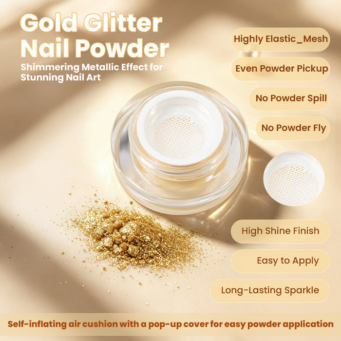 RARJSM gold glitter nail powder cushion bottle – highly elastic mesh, even pickup, no spill, no fly, high shine finish