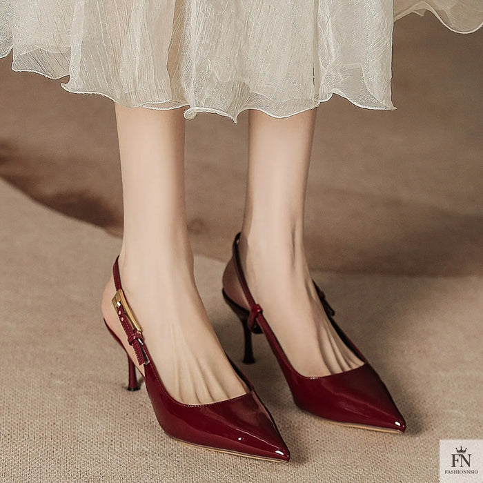 Golden Accent Strap Pointed Heels - Fashionnsio