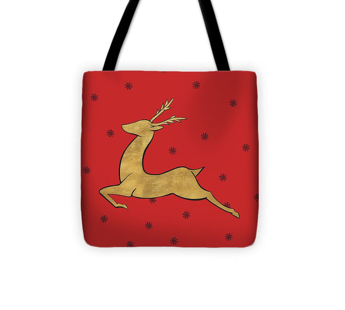 Golden Reindeer On Red Tote Bag