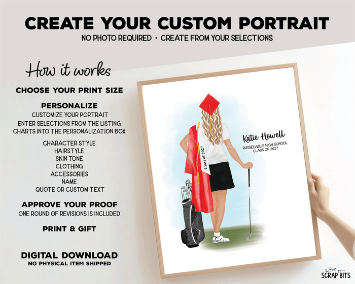 Golfer (Female) Graduation Portrait Print, Custom Digital Drawing - Scrap Bits