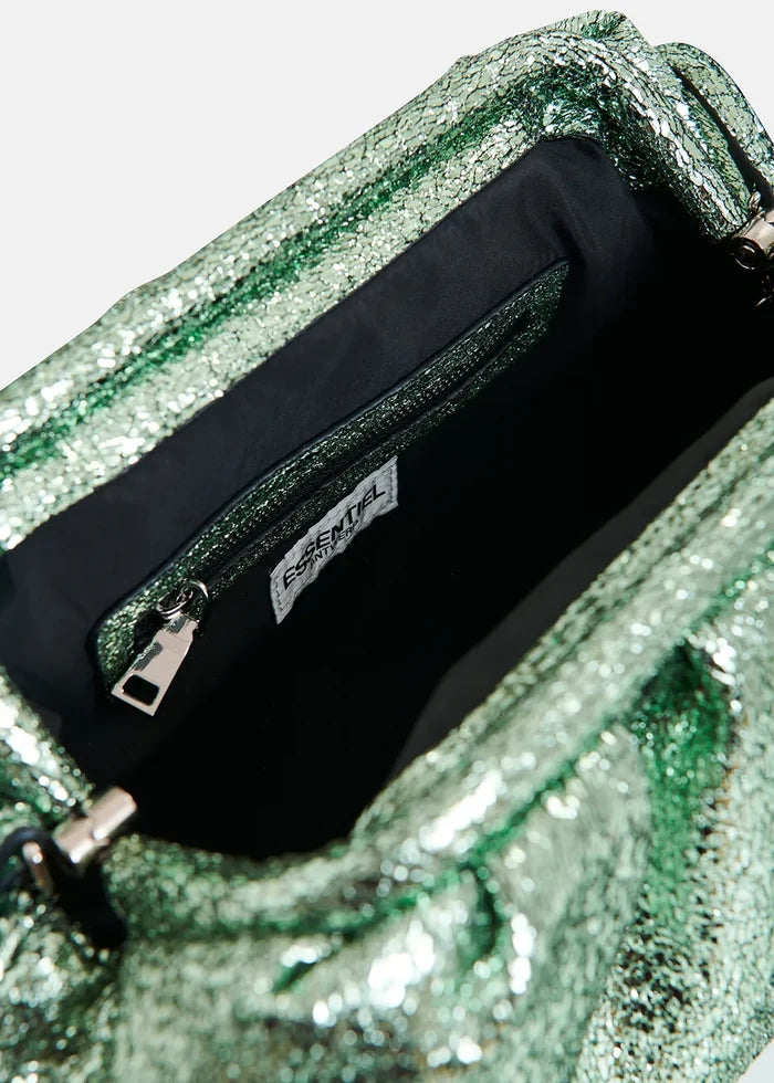 A Neptune green pouch with pleats, featuring a silver-tone hardware closure at the top, an internal zipped pocket, and a detachable shoulder strap.