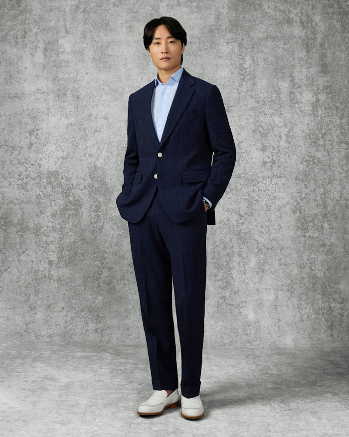 Harrison Virgin Wool Silk Linen Stretch Morse Code Suit Navy