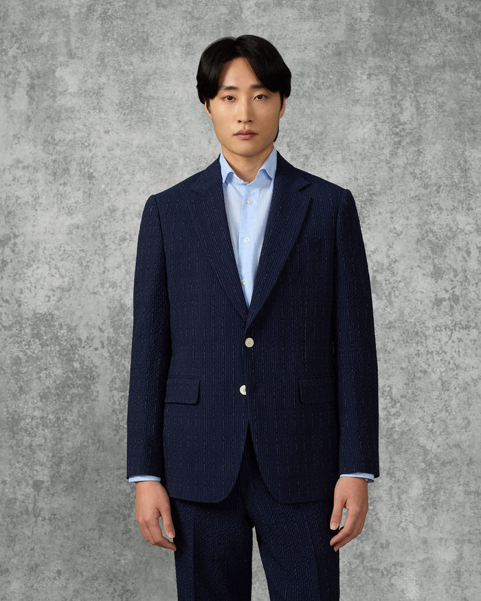 Harrison Virgin Wool Silk Linen Stretch Morse Code Suit Navy