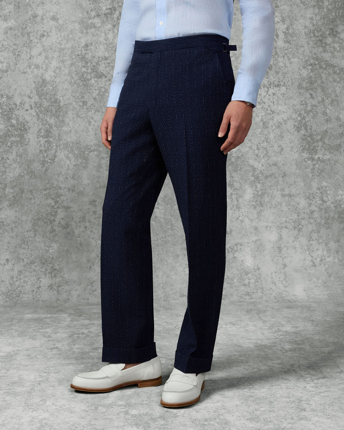 Harrison Virgin Wool Silk Linen Stretch Morse Code Suit Navy
