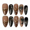 Handmade almond press on nails, nude brown cat eye 3D flower butterfly false nails for women