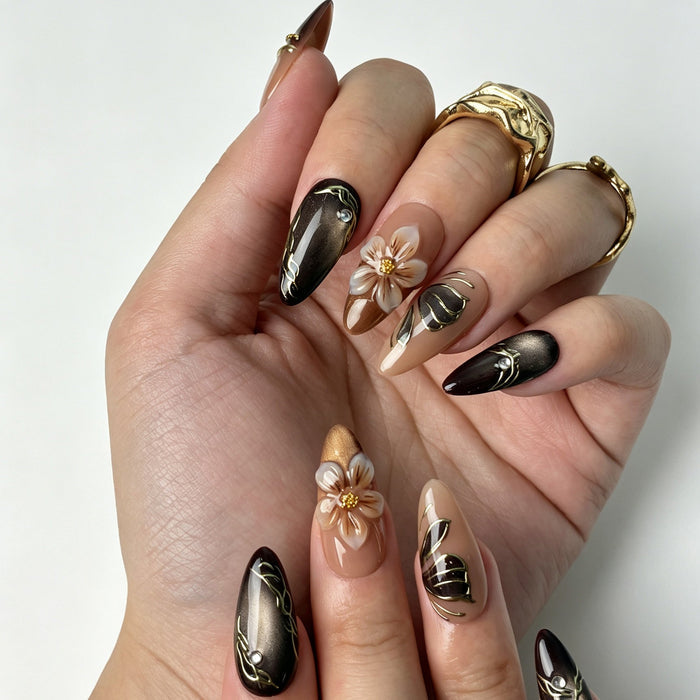 Handcrafted almond press on nails, brown cat eye 3D flower nail design for evening