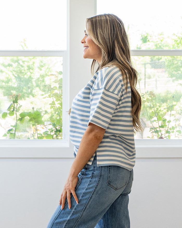 Hazel Contrast Striped Top - Dusty Blue & Yellow Mine