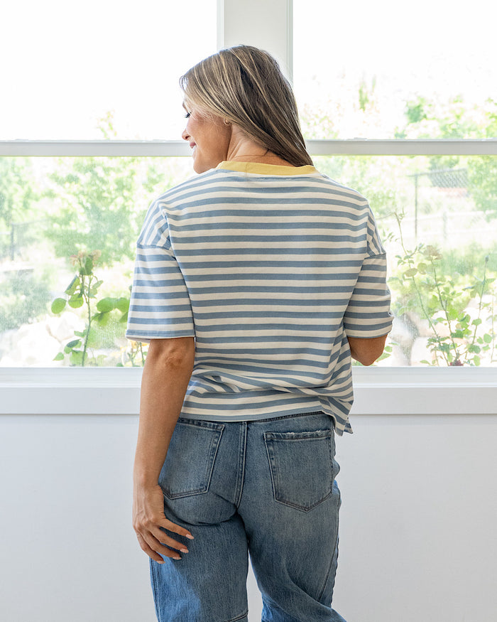 Hazel Contrast Striped Top - Dusty Blue & Yellow Mine