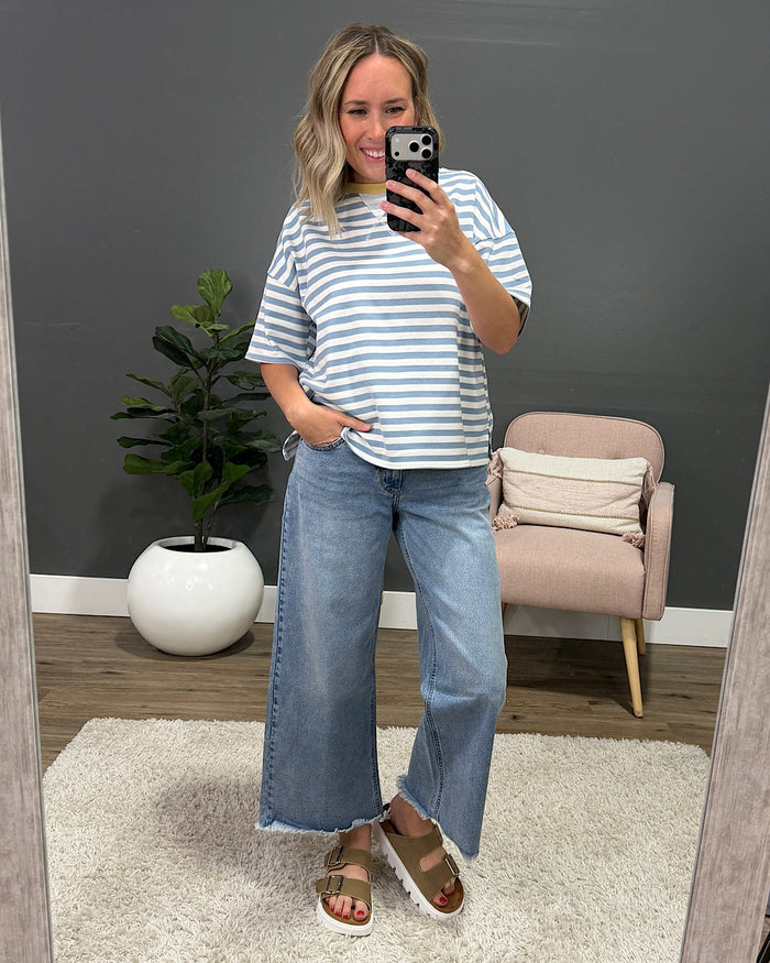 Hazel Contrast Striped Top - Dusty Blue & Yellow Mine