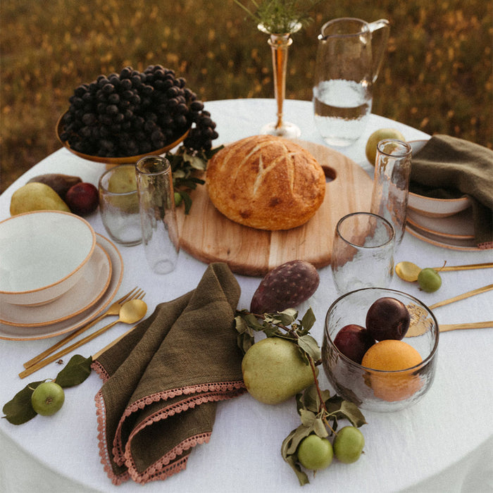 Heavyweight Table Linens with Lace Detail - Olive