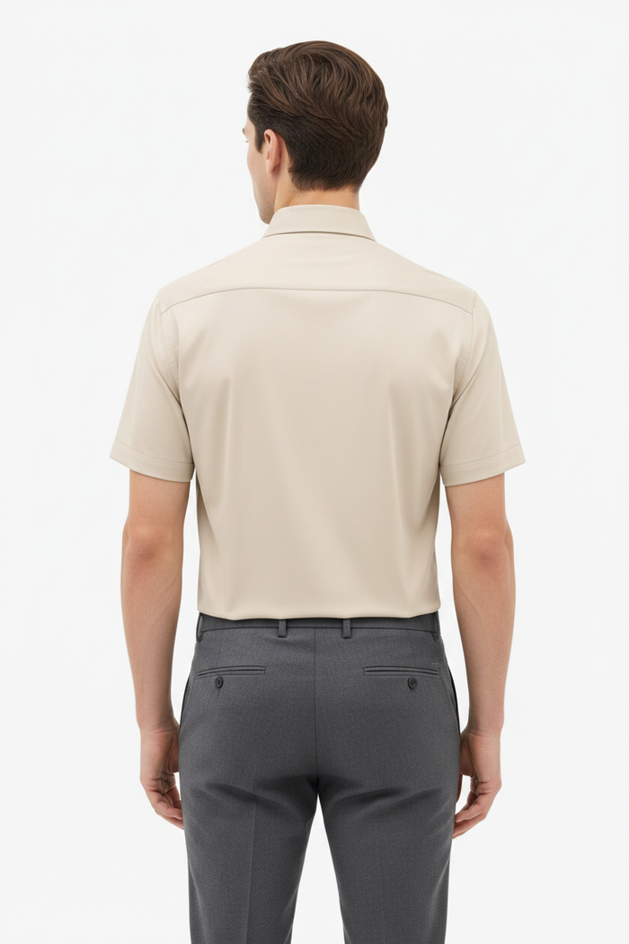 Wam Denim Brylor Beige Short Sleeve Shirt – back view on model